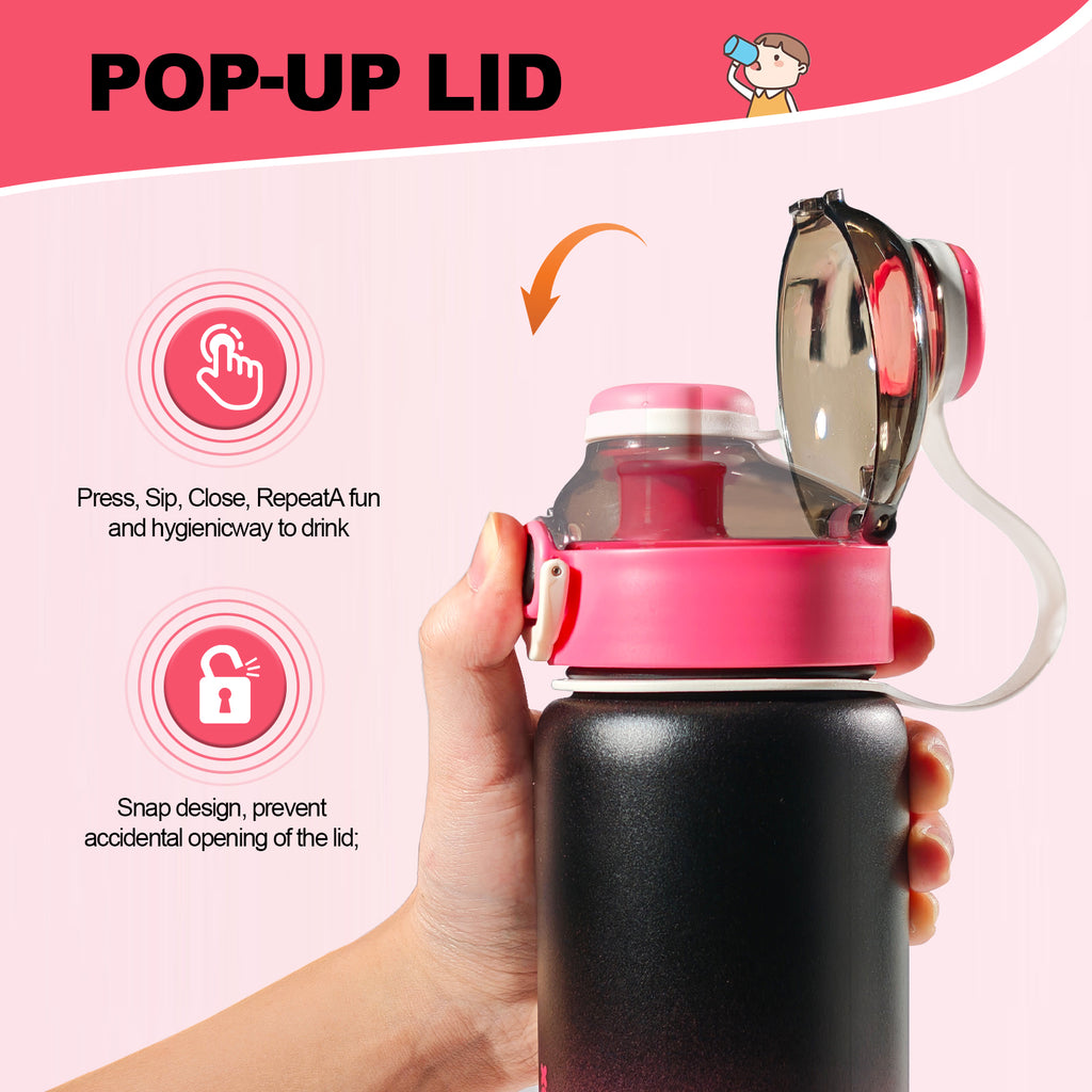 Insulated Stainless Steel Water Bottle with Pop-Up Lid | Black Pink Gradient Vacuum Flask
