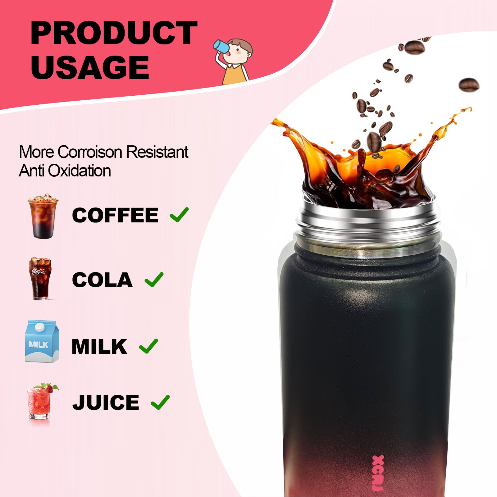 Insulated Stainless Steel Water Bottle with Pop-Up Lid | Black Pink Gradient Vacuum Flask