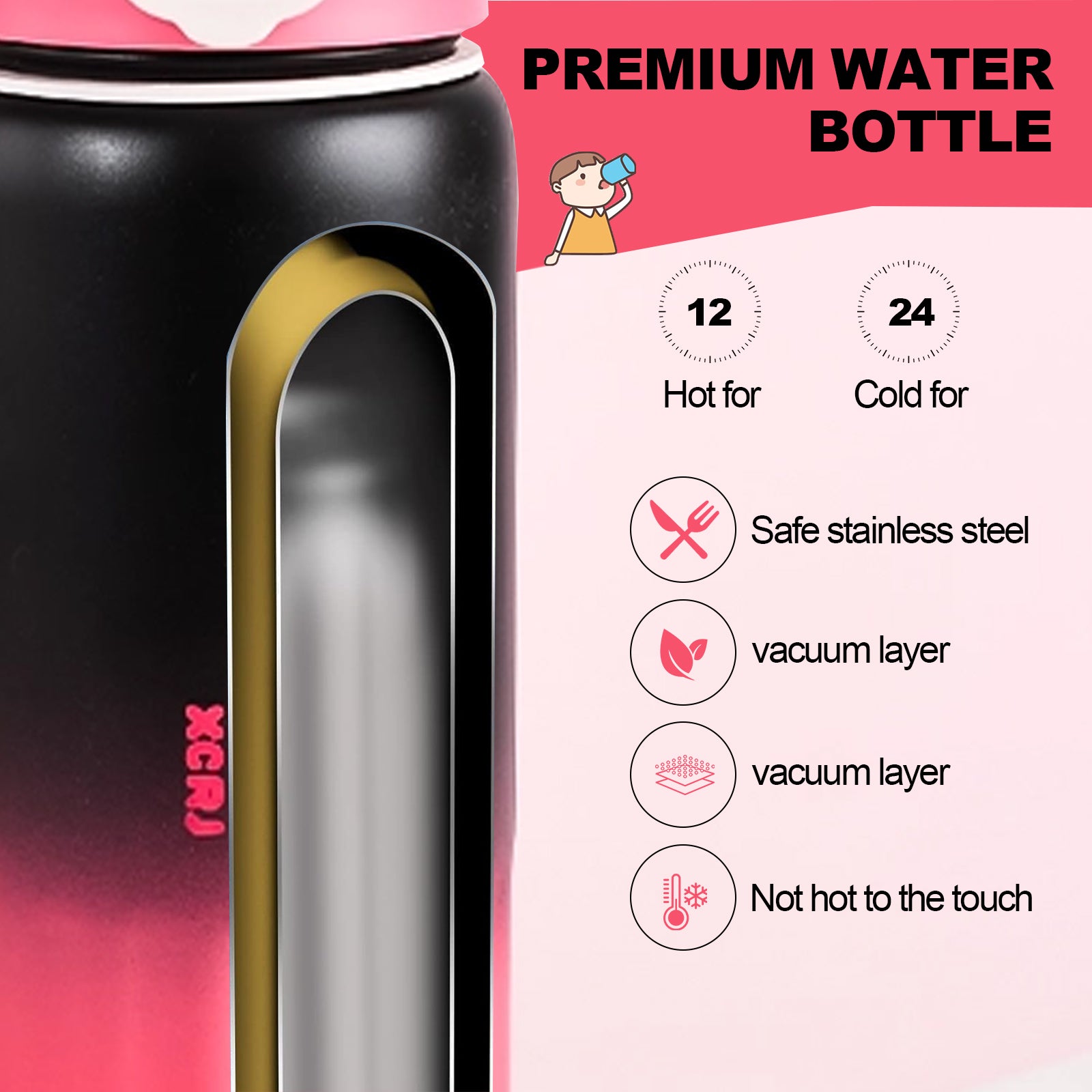Insulated Stainless Steel Water Bottle with Pop-Up Lid | Black Pink Gradient Vacuum Flask