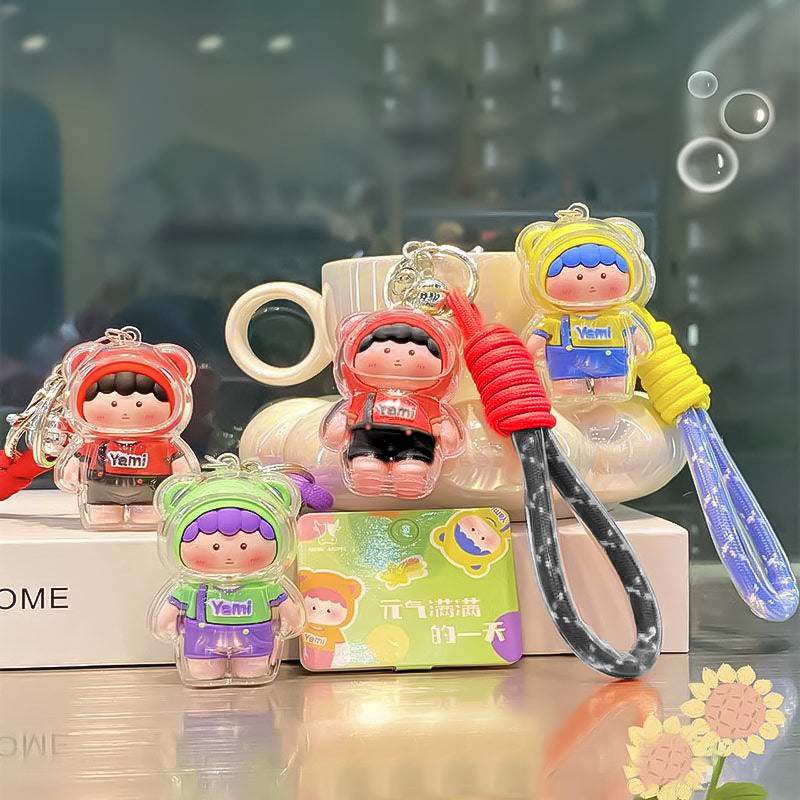 Cute Genki Boy Keychain with Wrist Lanyard & Bell | Clear Acrylic Cover Yami Figure Bag Charm