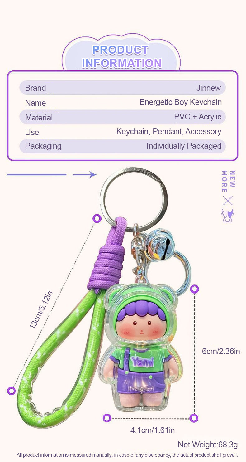 Cute Genki Boy Keychain with Wrist Lanyard & Bell | Clear Acrylic Cover Yami Figure Bag Charm