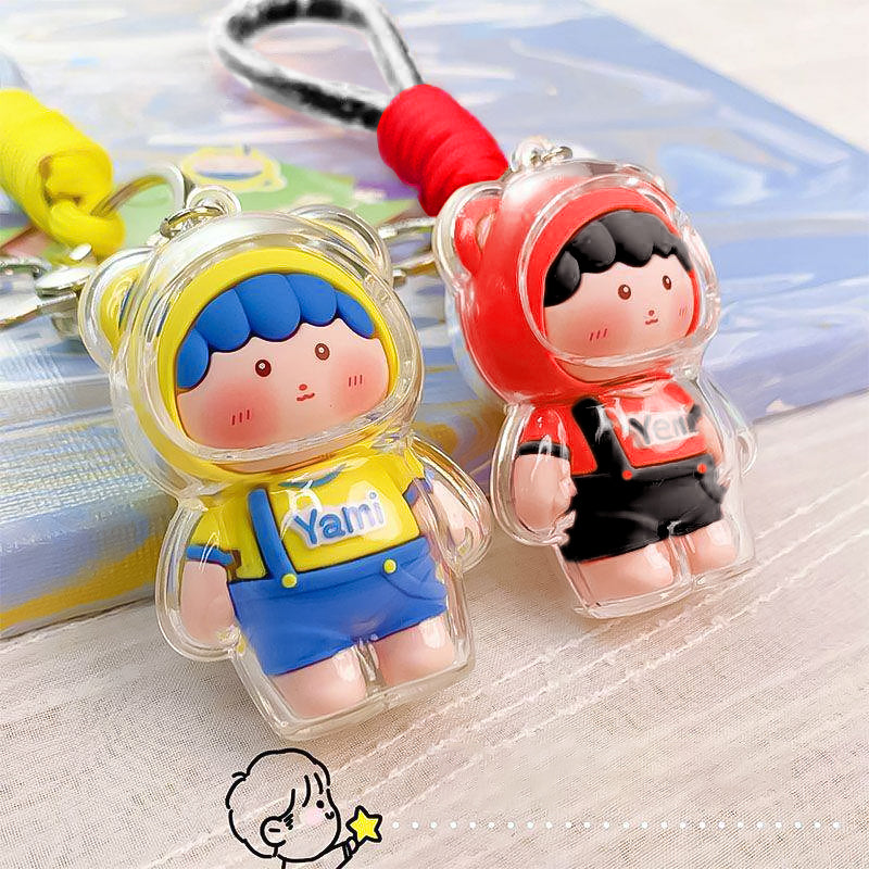 Cute Genki Boy Keychain with Wrist Lanyard & Bell | Clear Acrylic Cover Yami Figure Bag Charm