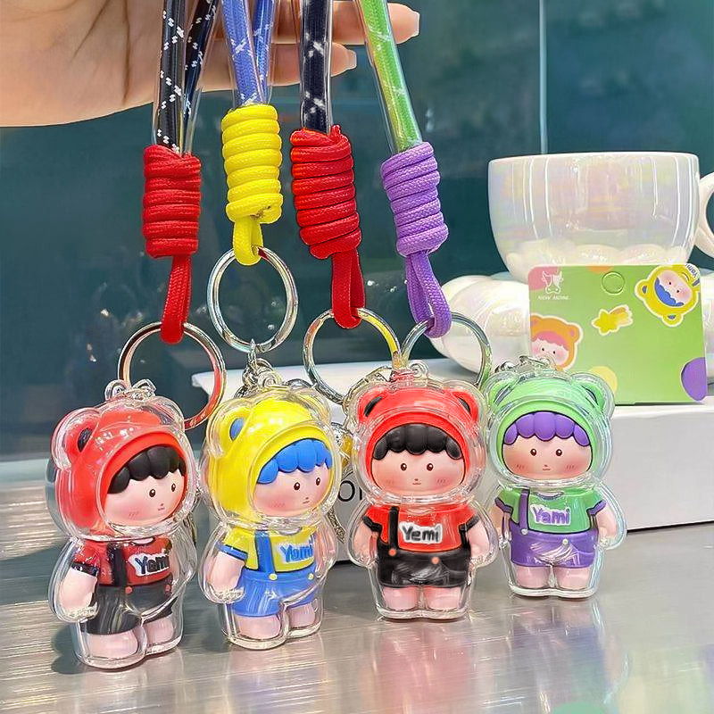 Cute Genki Boy Keychain with Wrist Lanyard & Bell | Clear Acrylic Cover Yami Figure Bag Charm