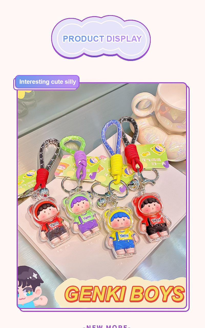 Cute Genki Boy Keychain with Wrist Lanyard & Bell | Clear Acrylic Cover Yami Figure Bag Charm
