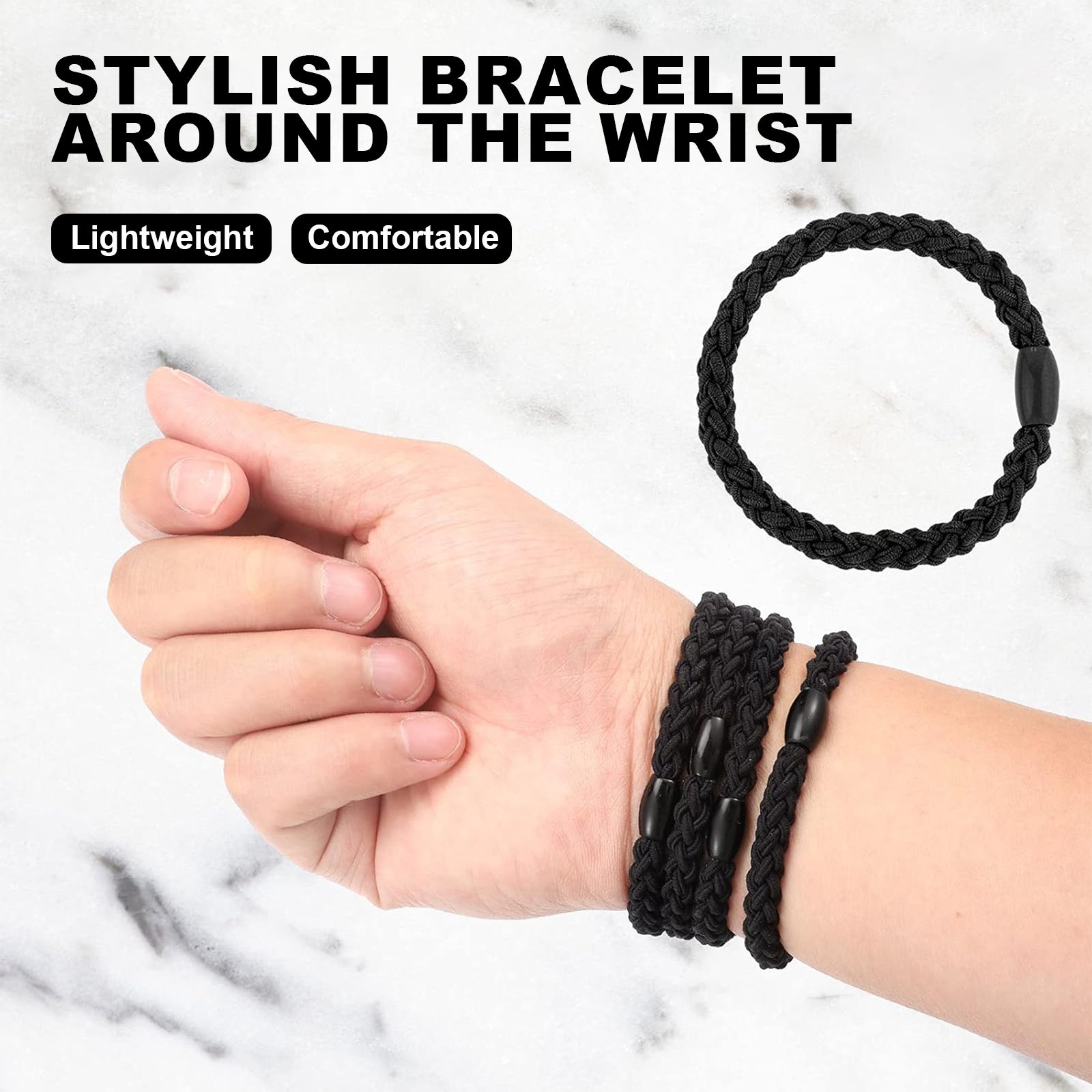 2-Pack Black Wave Braided Hair Ties - Durable Elastic Ponytail Holders with Smooth Bean Connector for Thick Hair