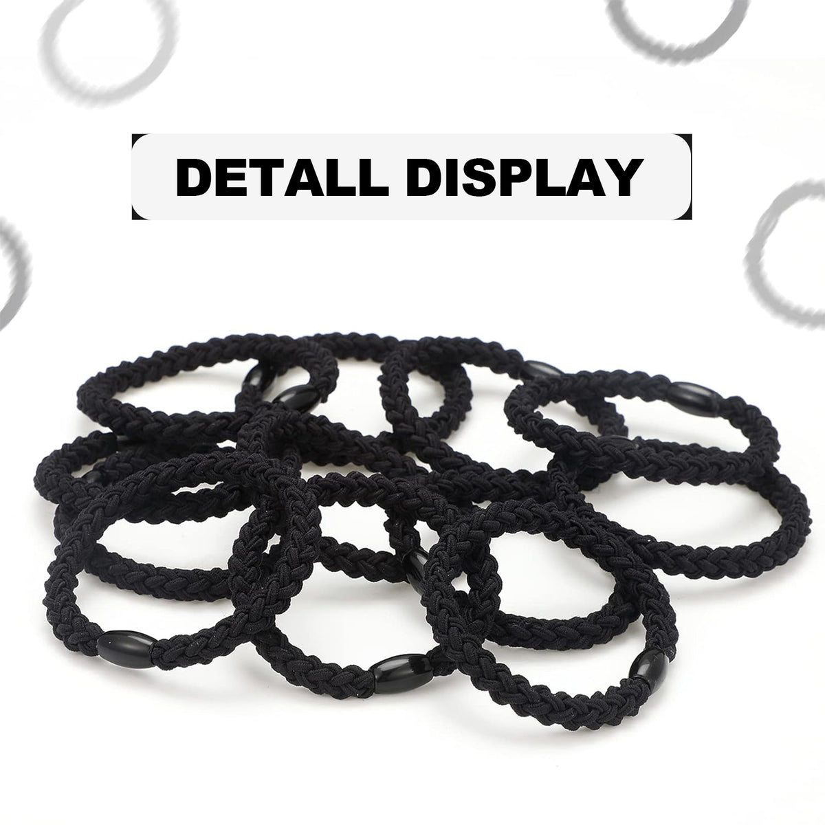 2-Pack Black Wave Braided Hair Ties - Durable Elastic Ponytail Holders with Smooth Bean Connector for Thick Hair