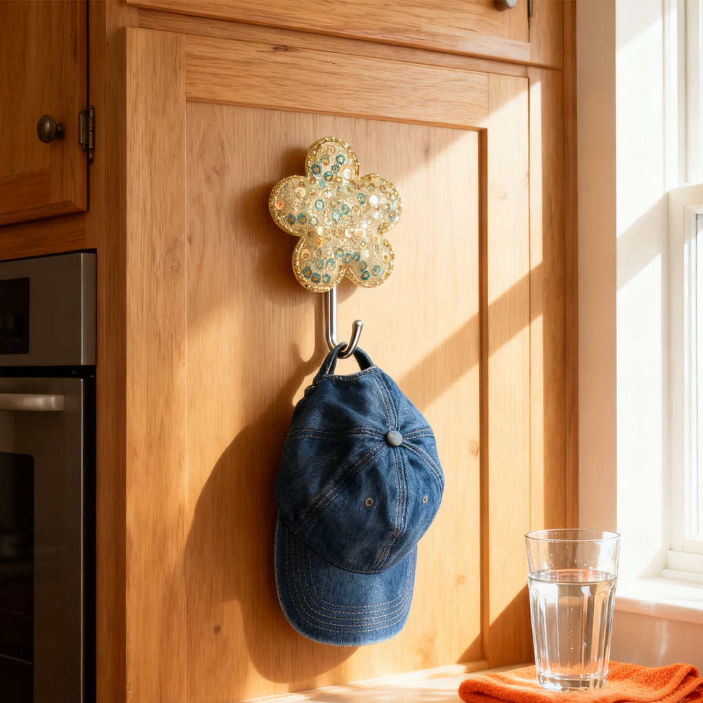 Sparkling Flower Wall Hook – Glittery 5-Petal Design with Metal Hook | Adhesive & Damage-Free for Keys, Bags & Towels