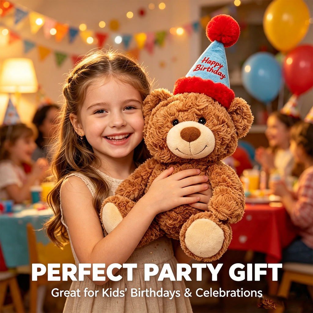 Adorable Birthday Bear Plush Toy – 32cm Ultra-Soft Brown Teddy with "Happy Birthday" Party Hat, Perfect Huggable Gift for Kids & Adults