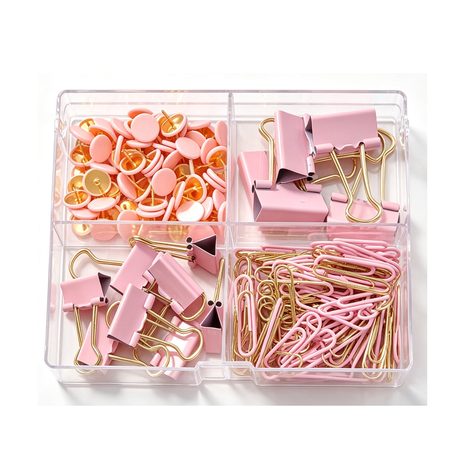 Pastel Pink & Gold Office Supply Set – 4-in-1 Desktop Organizer with Binder Clips, Paper Clips, Push Pins & Storage Box, Aesthetic Stationery for School & Home Office