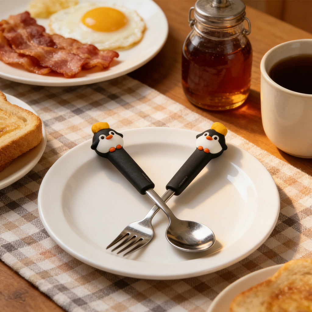 Cute Penguin Spoon & Chopsticks Set – Portable Stainless Steel Cutlery with Storage Case, Kawaii Tableware for Lunch Box, Camping, Office & Dorm (Pink / Black)