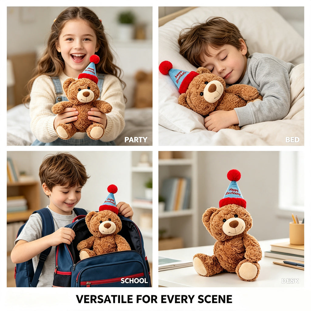 Adorable Birthday Bear Plush Toy – 32cm Ultra-Soft Brown Teddy with "Happy Birthday" Party Hat, Perfect Huggable Gift for Kids & Adults