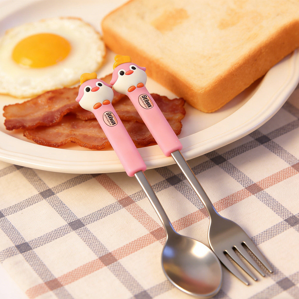 Cute Penguin Spoon & Chopsticks Set – Portable Stainless Steel Cutlery with Storage Case, Kawaii Tableware for Lunch Box, Camping, Office & Dorm (Pink / Black)