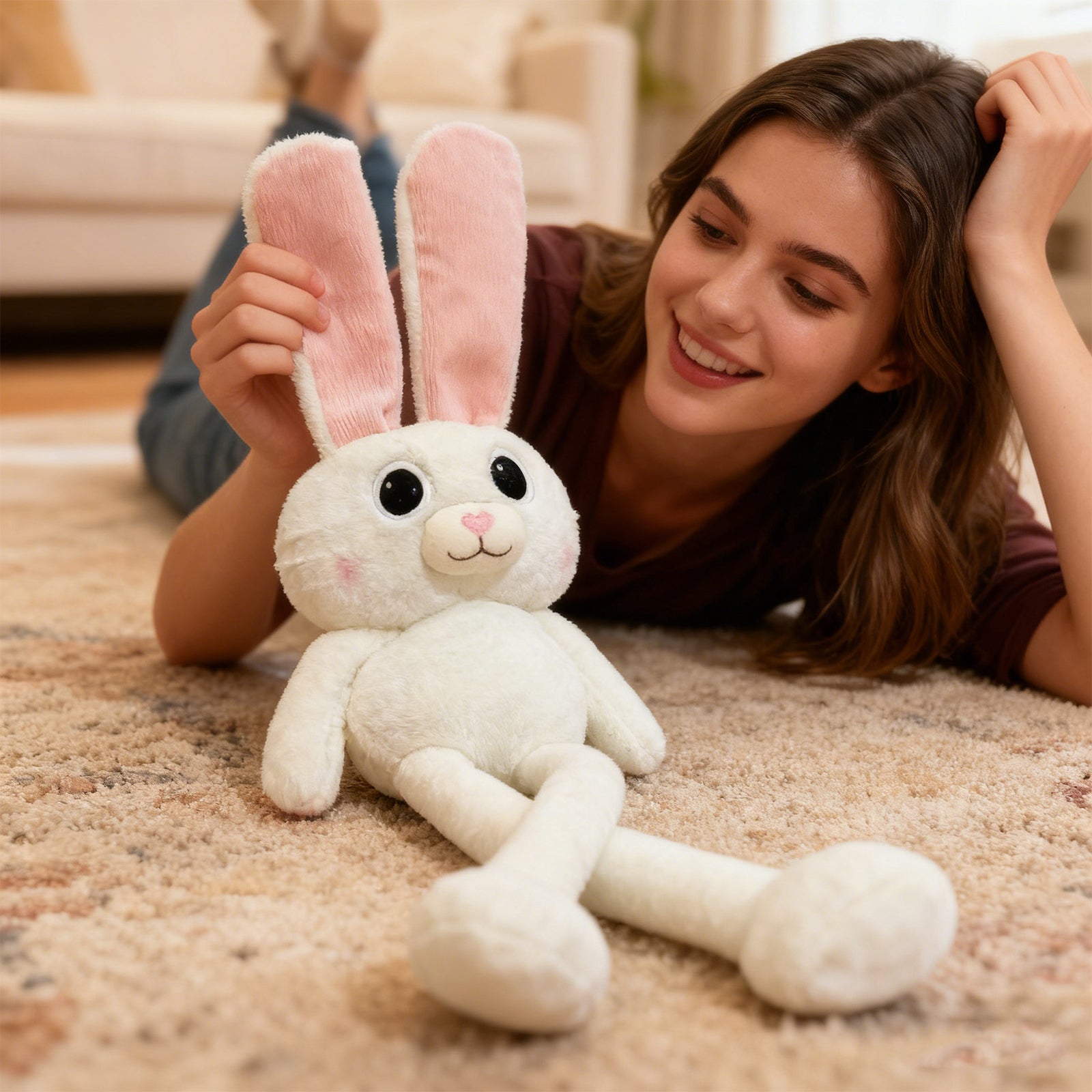 Giant 90cm Stretchy Long-Legs Bunny Plush – Cute Pink-Eared Rabbit Stuffed Animal Toy & Decorative Pillow