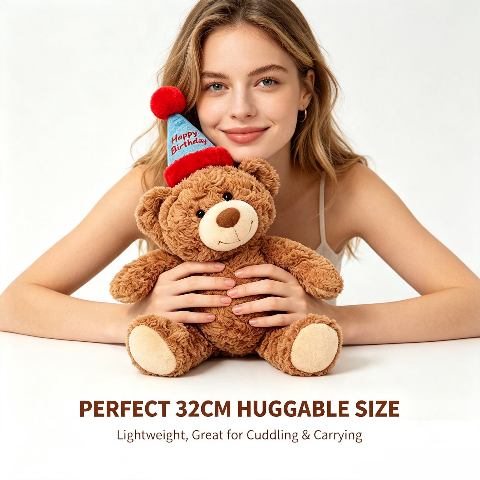 Adorable Birthday Bear Plush Toy – 32cm Ultra-Soft Brown Teddy with "Happy Birthday" Party Hat, Perfect Huggable Gift for Kids & Adults
