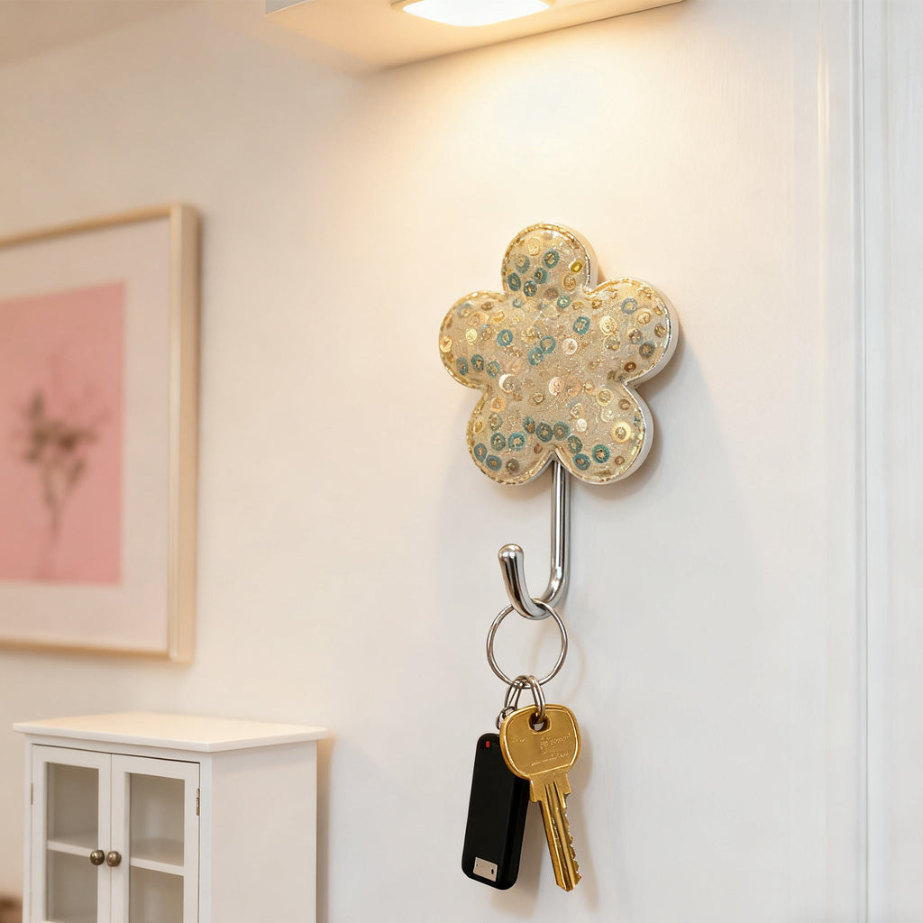 Sparkling Flower Wall Hook – Glittery 5-Petal Design with Metal Hook | Adhesive & Damage-Free for Keys, Bags & Towels