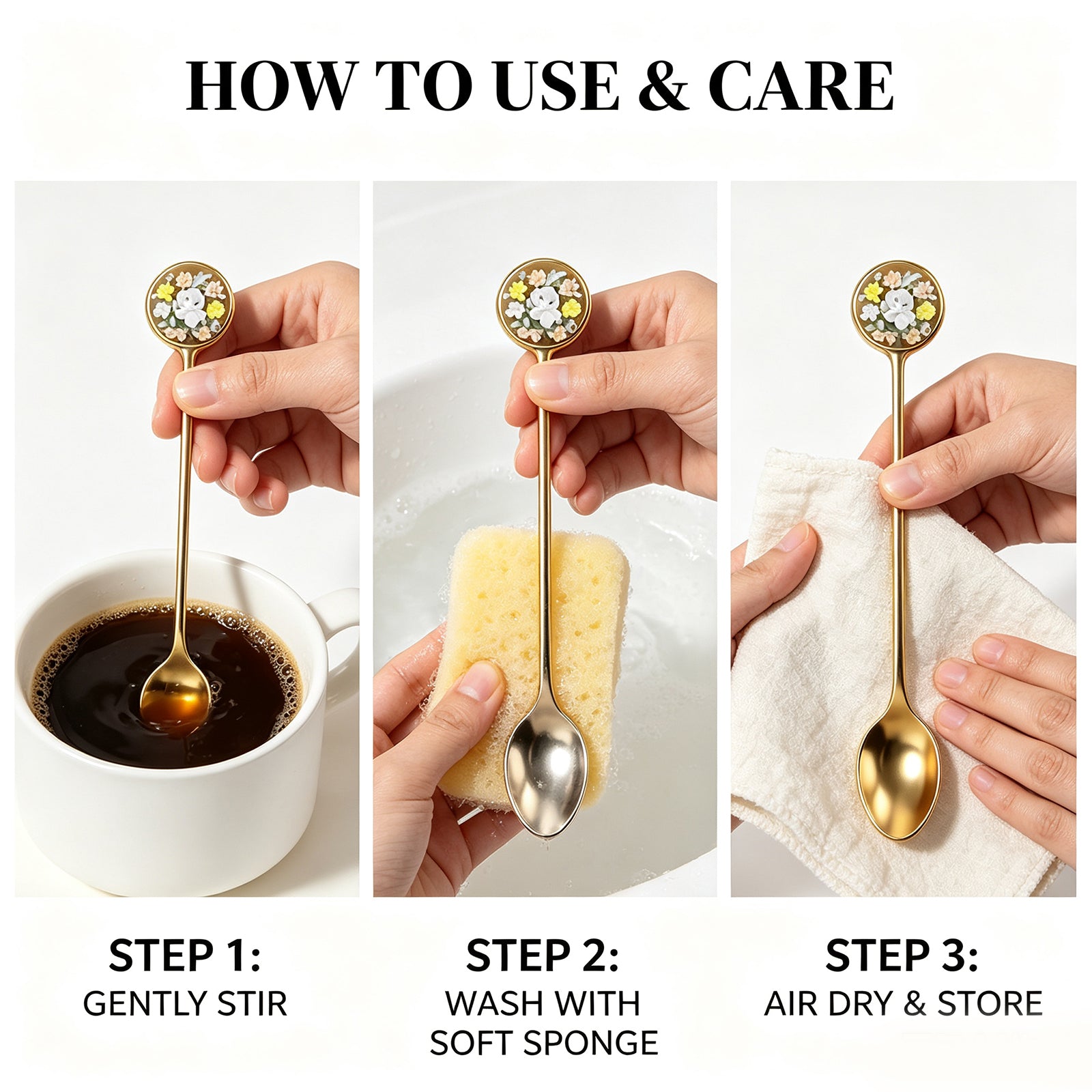 Golden 3D Floral Relief Coffee Spoon - Cute Rabbit & Puppy Garden Design Stainless Steel Tea Spoon for Home Decor
