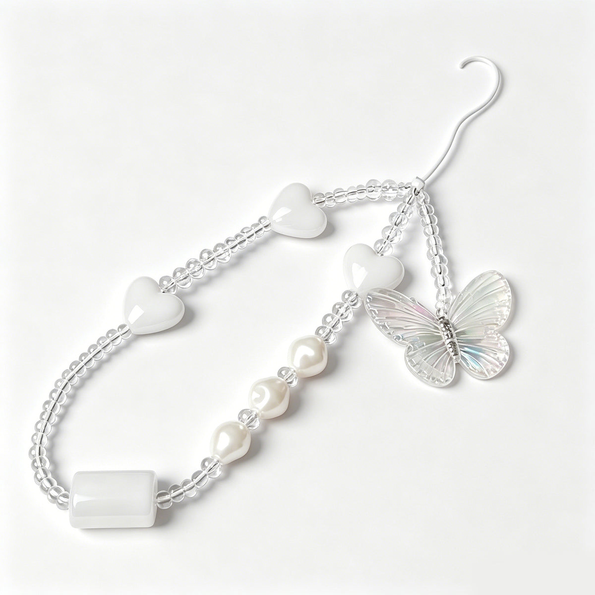 White Butterfly & Heart Beaded Phone Charm - Y2K Aesthetic Pearl & Acrylic Cell Phone Lanyard Strap
