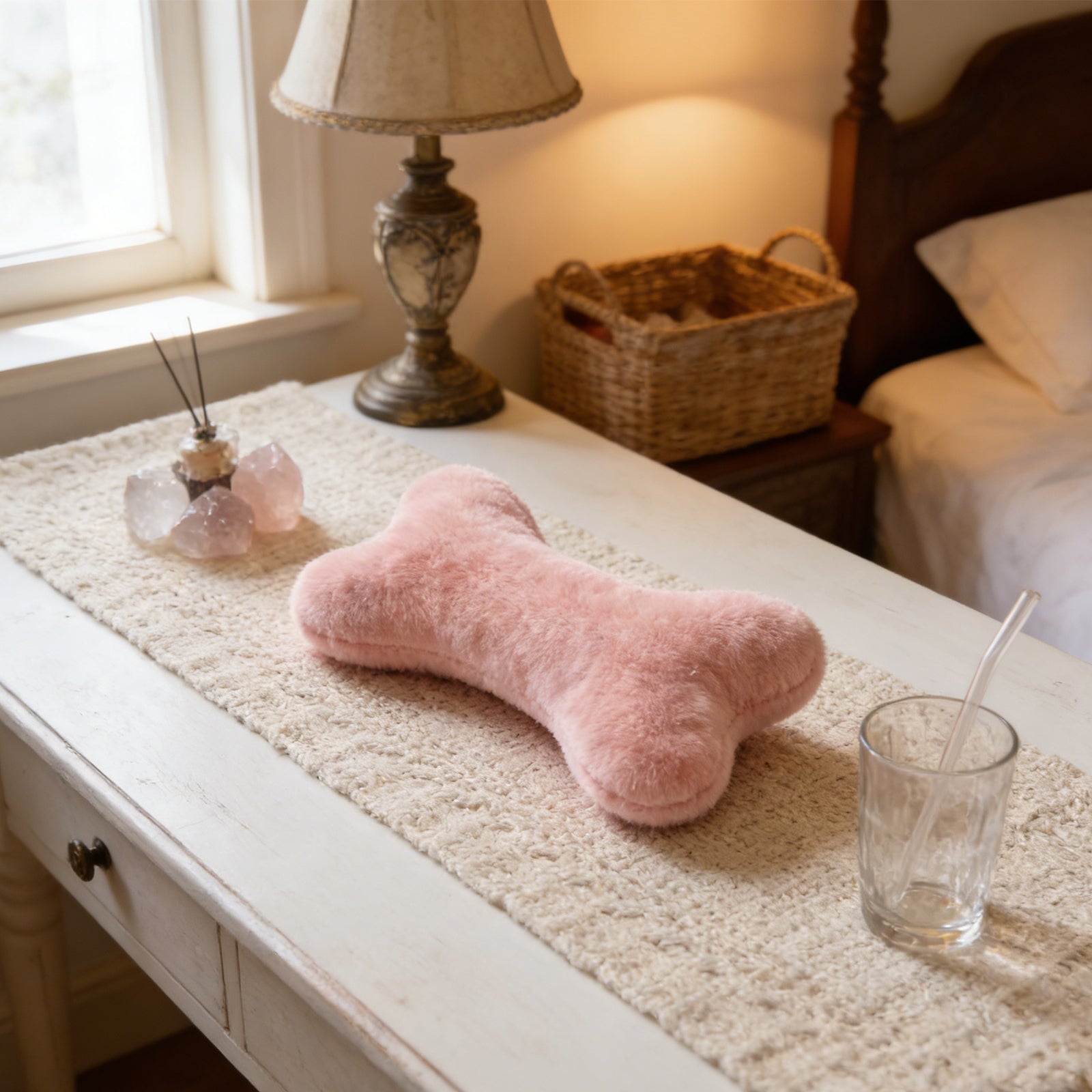 Plush Bone-Shaped Throw Pillow – Soft Faux Fur Decorative Cushion for Bed, Sofa & Pet Lovers, Pink/Black/Grey, image 4