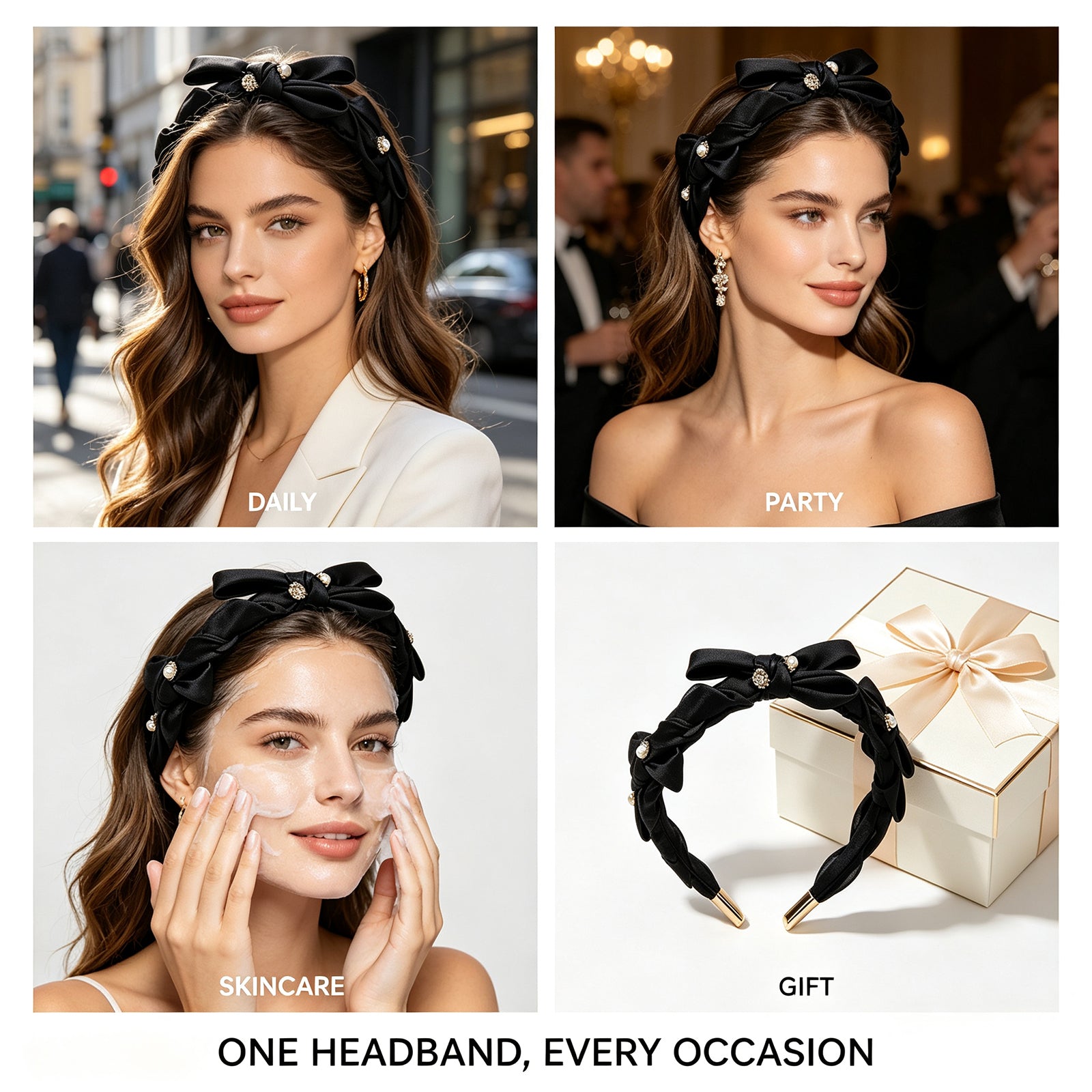 Elegant Black Fabric Bow Headband with Pearls & Rhinestones – Soft Pleated Hair Accessory for Women, Perfect for Daily Wear & Special Occasions