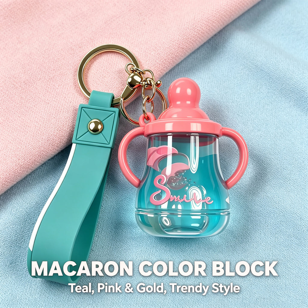 Cute Sippy Cup Keychain with Floating Rabbit & Liquid Motion – “Smile” Themed Transparent Tumbler Keyring with Leather Strap, Fun Gift for Kids, Teens & Animal Lovers (Yellow / Blue)