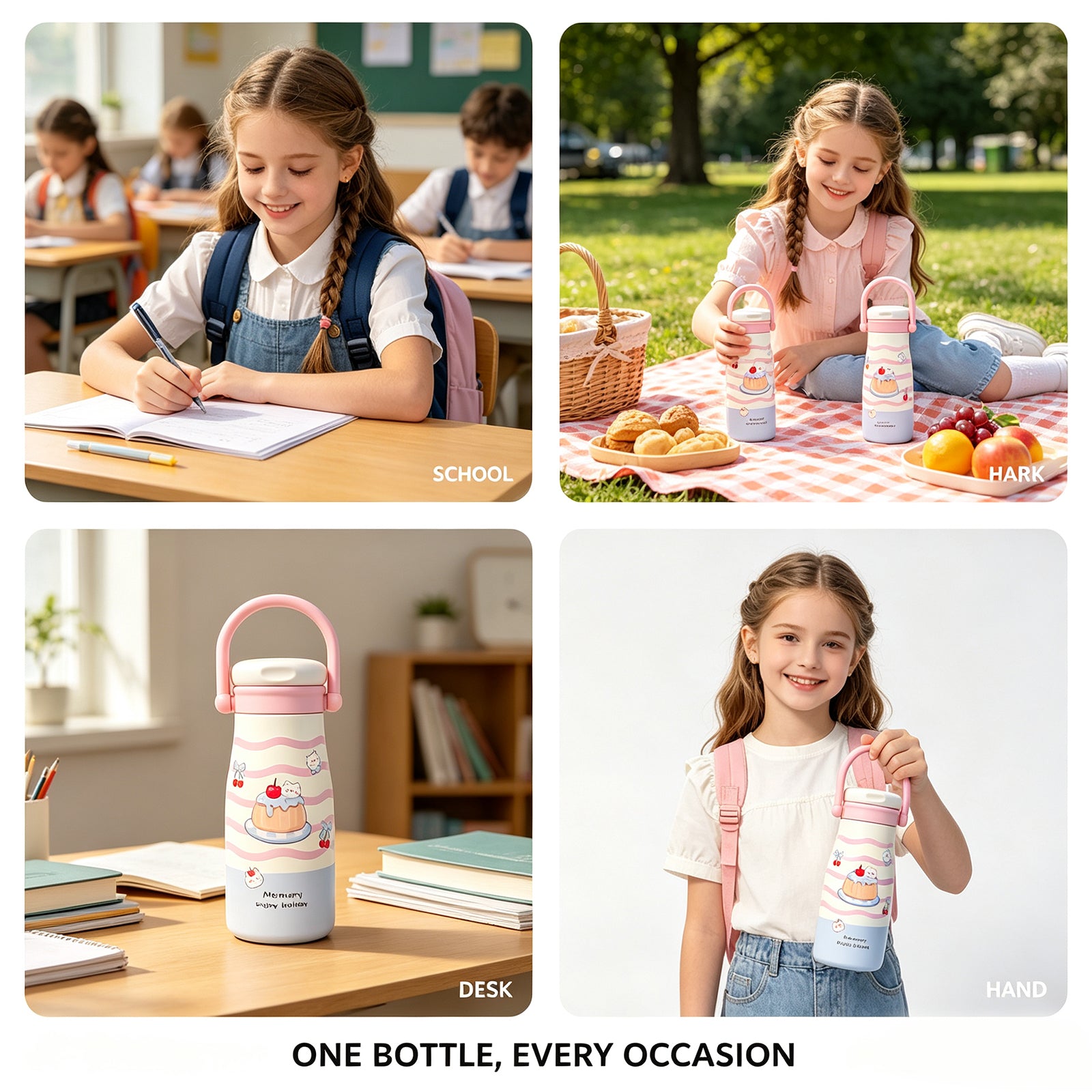 Kawaii "Enjoy Holiday" Insulated Tumbler – Cute Stainless Steel Water Bottle with Handle & Gradient Design for School, Office & Travel (Sunflower/Puppy/Cake Themes)