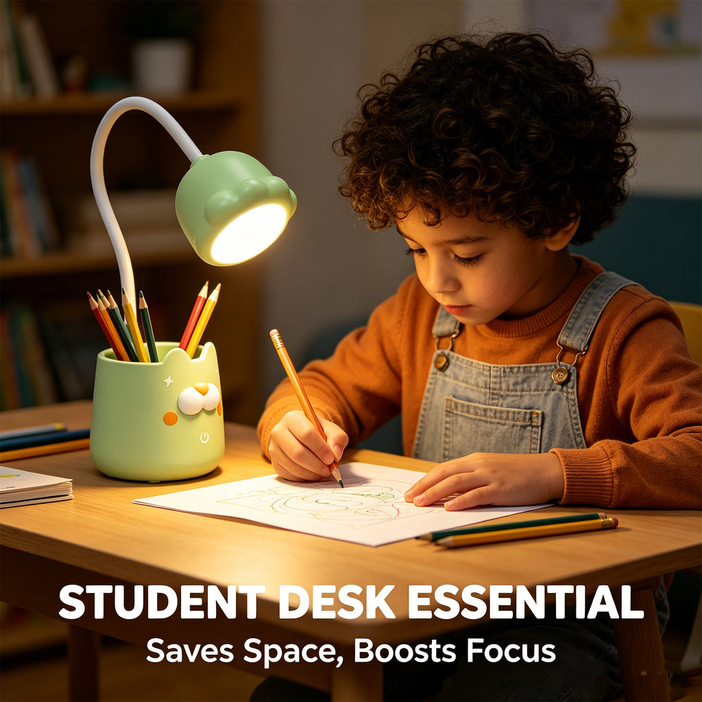 Cute Cat-Shaped Desk Lamp with Pen Holder – Adjustable LED Study Light for Kids & Students, Yellow & Green Options