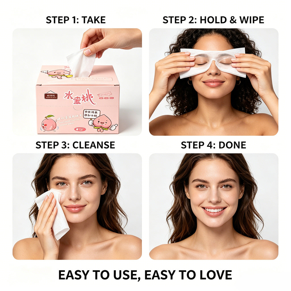 Makeup Remover Wipes – Peach, Aloe & Camellia Scented, Gentle & No-Rinse, Travel-Friendly for Face, Eyes & Lips