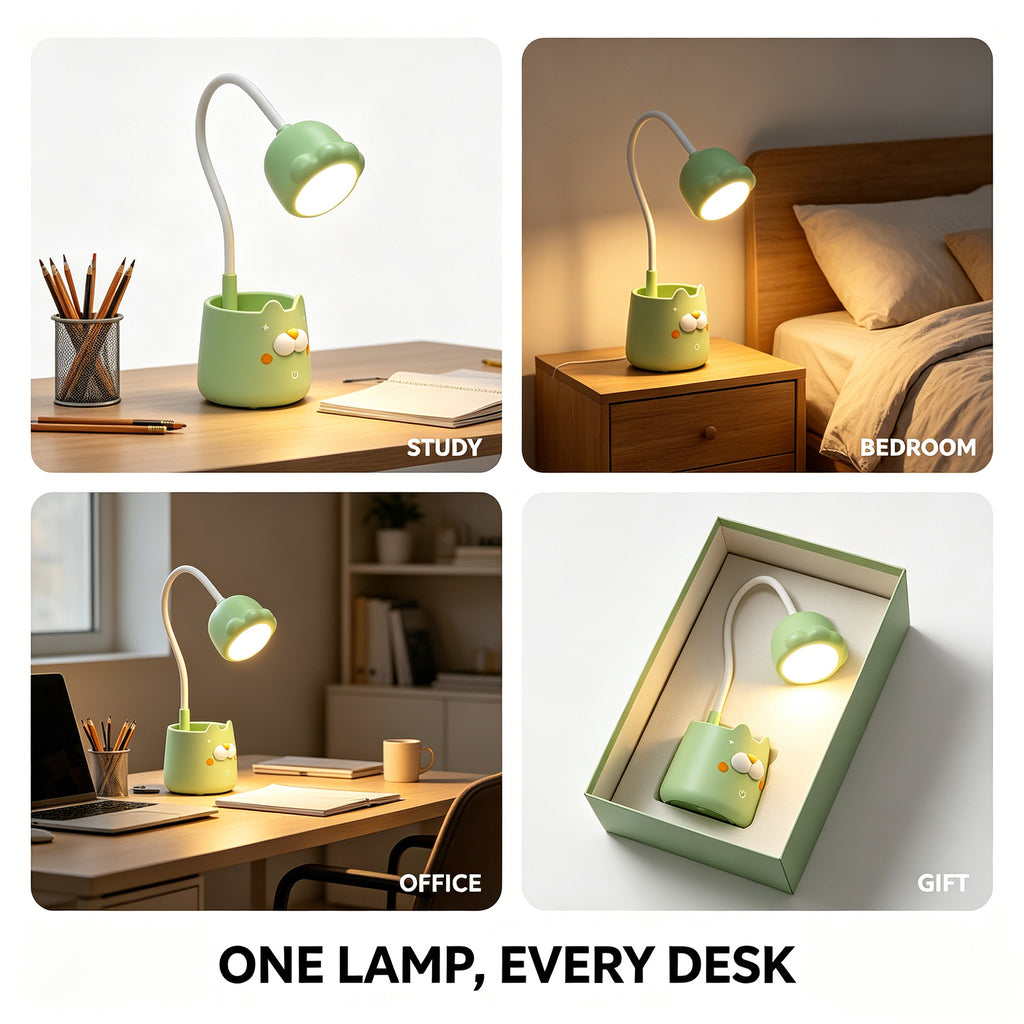 Cute Cat-Shaped Desk Lamp with Pen Holder – Adjustable LED Study Light for Kids & Students, Yellow & Green Options