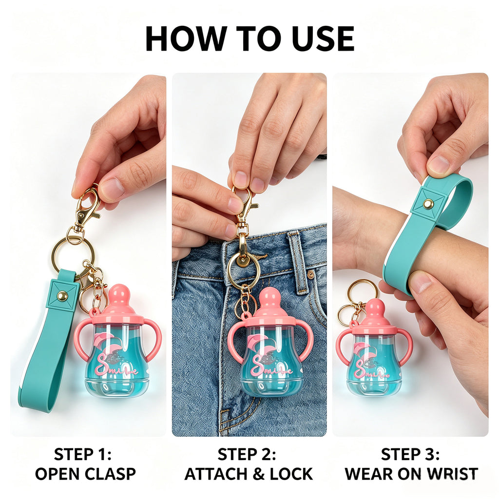 Cute Sippy Cup Keychain with Floating Rabbit & Liquid Motion – “Smile” Themed Transparent Tumbler Keyring with Leather Strap, Fun Gift for Kids, Teens & Animal Lovers (Yellow / Blue)