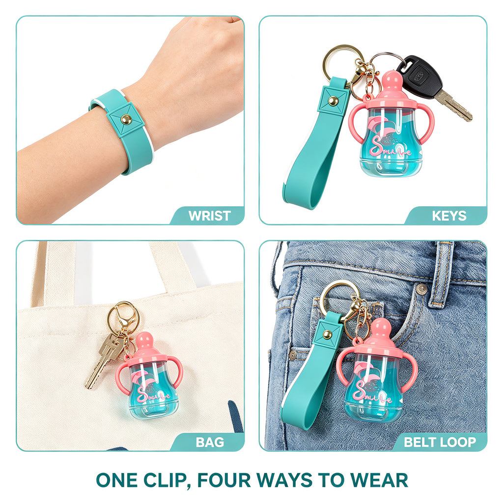 Cute Sippy Cup Keychain with Floating Rabbit & Liquid Motion – “Smile” Themed Transparent Tumbler Keyring with Leather Strap, Fun Gift for Kids, Teens & Animal Lovers (Yellow / Blue)