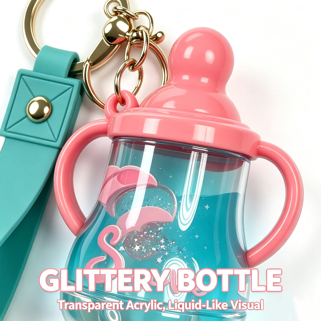 Cute Sippy Cup Keychain with Floating Rabbit & Liquid Motion – “Smile” Themed Transparent Tumbler Keyring with Leather Strap, Fun Gift for Kids, Teens & Animal Lovers (Yellow / Blue)