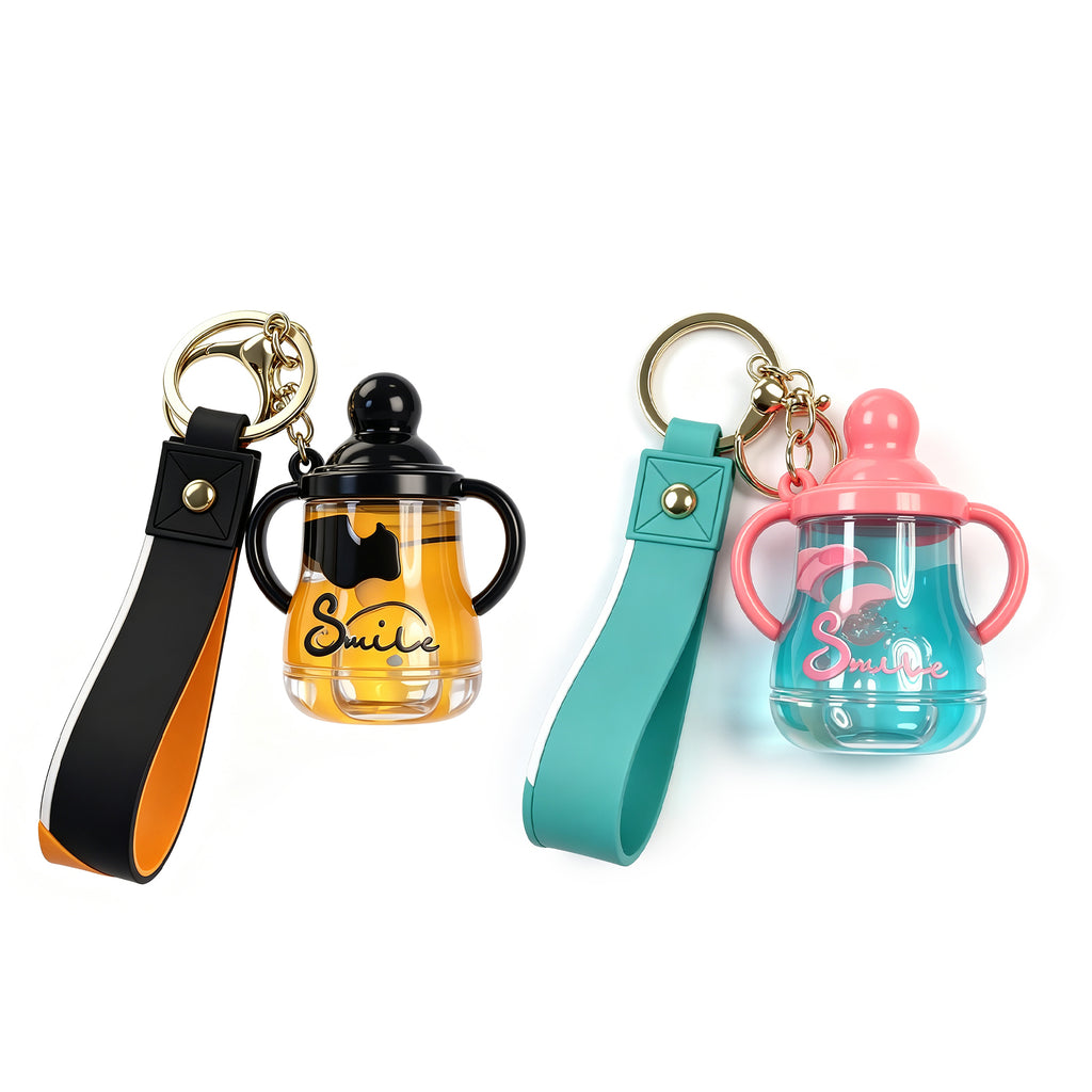 Cute Sippy Cup Keychain with Floating Rabbit & Liquid Motion – “Smile” Themed Transparent Tumbler Keyring with Leather Strap, Fun Gift for Kids, Teens & Animal Lovers (Yellow / Blue)