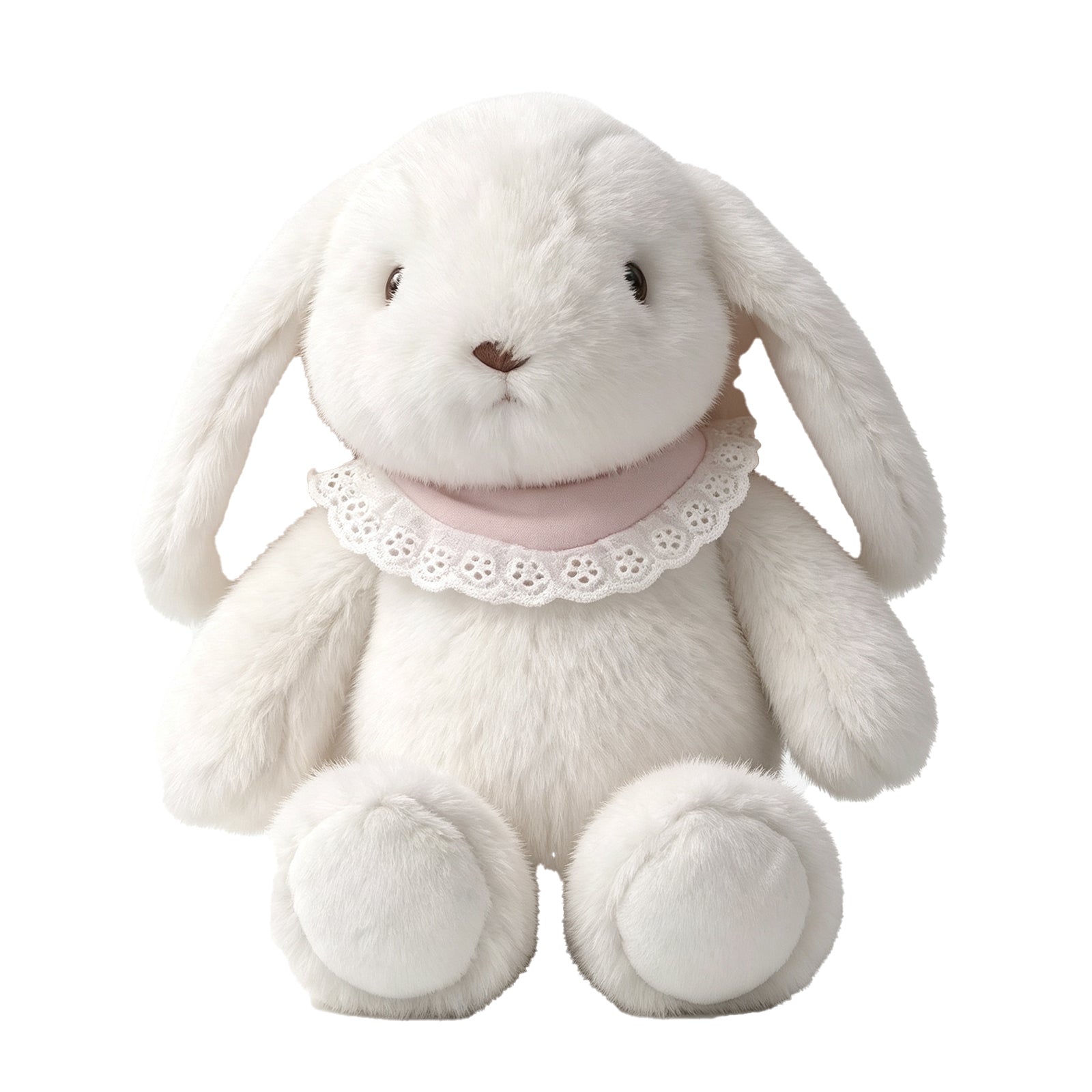 Lace-Collar White Bunny Plush – Soft Floppy-Eared Stuffed Rabbit with Pink Bib, Perfect Bedtime Companion & Nursery Decor for Kids and Collectors