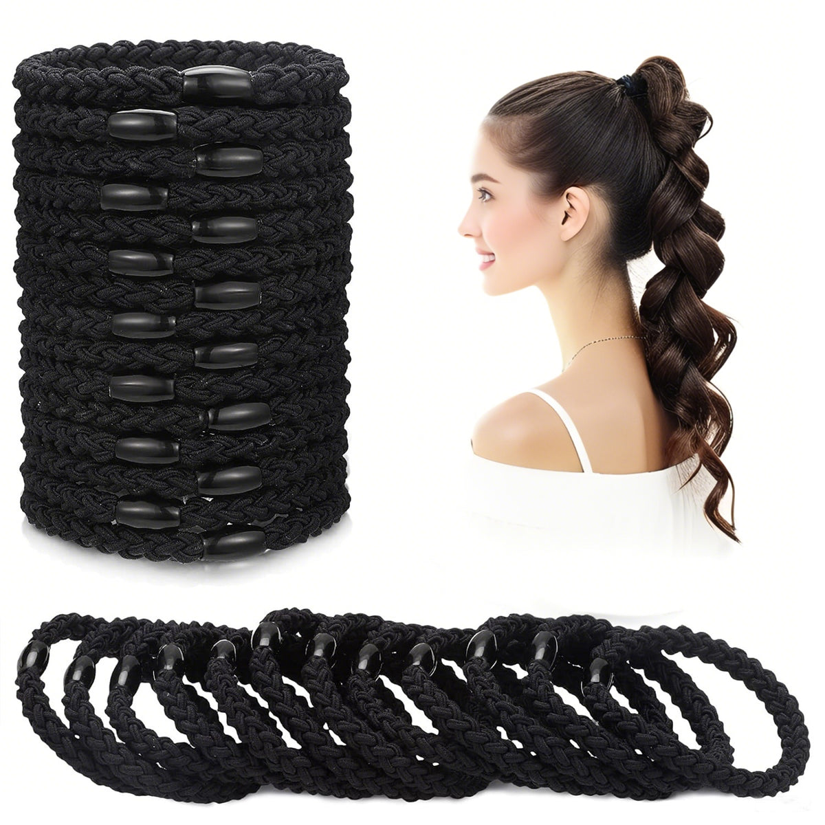 2-Pack Black Wave Braided Hair Ties - Durable Elastic Ponytail Holders with Smooth Bean Connector for Thick Hair