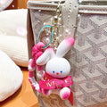 Cute White Bunny Keychain with Hot Pink Bow & Beaded Wrist Strap | Rabbit Bag Charm, image 2