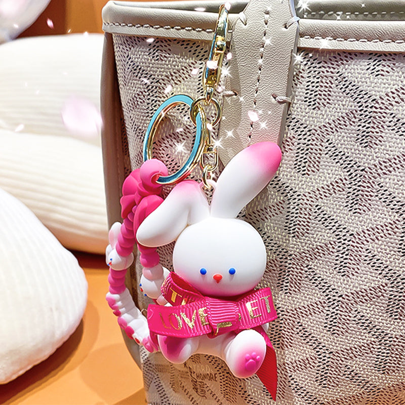Cute White Bunny Keychain with Hot Pink Bow & Beaded Wrist Strap | Rabbit Bag Charm