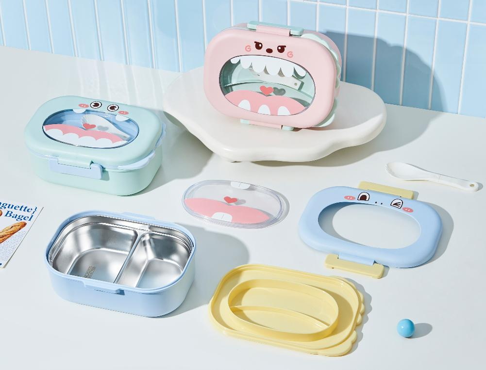 Kawaii Monster Bento Box – Cute Stainless Steel Lunch Container with Clear Window Lid, Leak-Proof Compartments & Spoon for Kids & Adults (Pink/Blue/Mint)