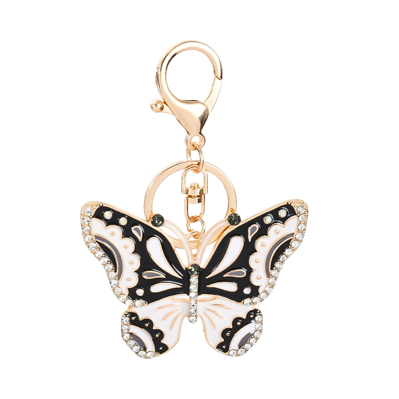 Black White Rhinestone Butterfly Keychain | Gold Enamel Bag Charm Pendant