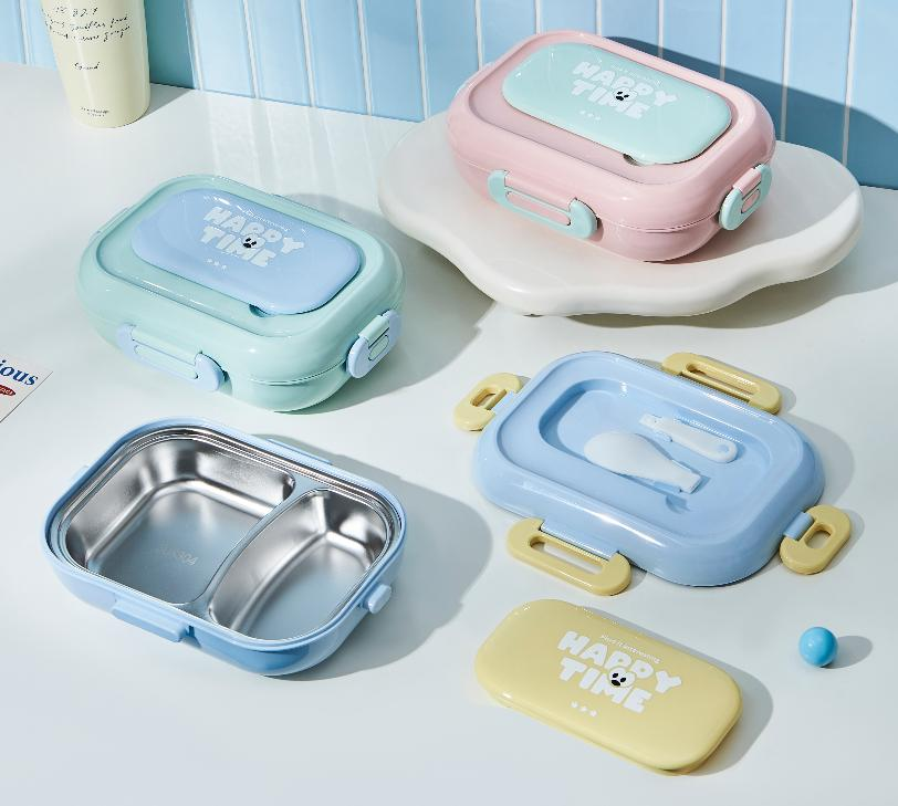 "Happy Time" Kawaii Bento Box – Cute Stainless Steel Lunch Container with Hidden Cutlery, Leak-Proof Compartments & Pastel Lid for Kids, School & Office (Pink/Blue/Mint)