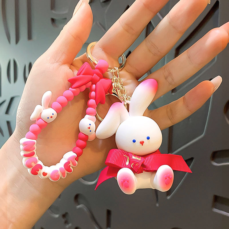 Cute White Bunny Keychain with Hot Pink Bow & Beaded Wrist Strap | Rabbit Bag Charm