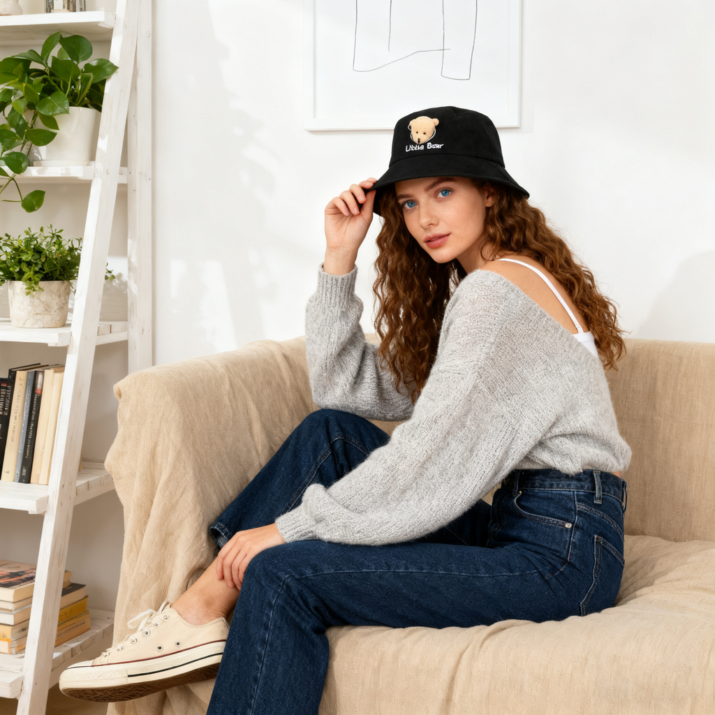 Cute 3D Little Bear Embroidered Bucket Hat – UV Protection Sun Cap for Kids & Teens, Soft Cotton Blend, Adjustable Fit