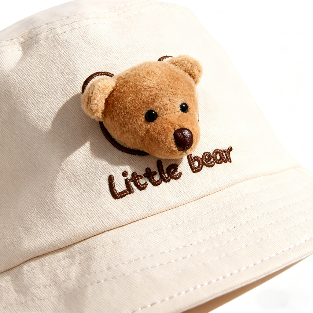 Cute 3D Little Bear Embroidered Bucket Hat – UV Protection Sun Cap for Kids & Teens, Soft Cotton Blend, Adjustable Fit