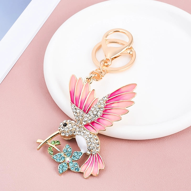 Rhinestone Enamel Hummingbird Keychain | Gold Tone Double-Sided Bag Charm