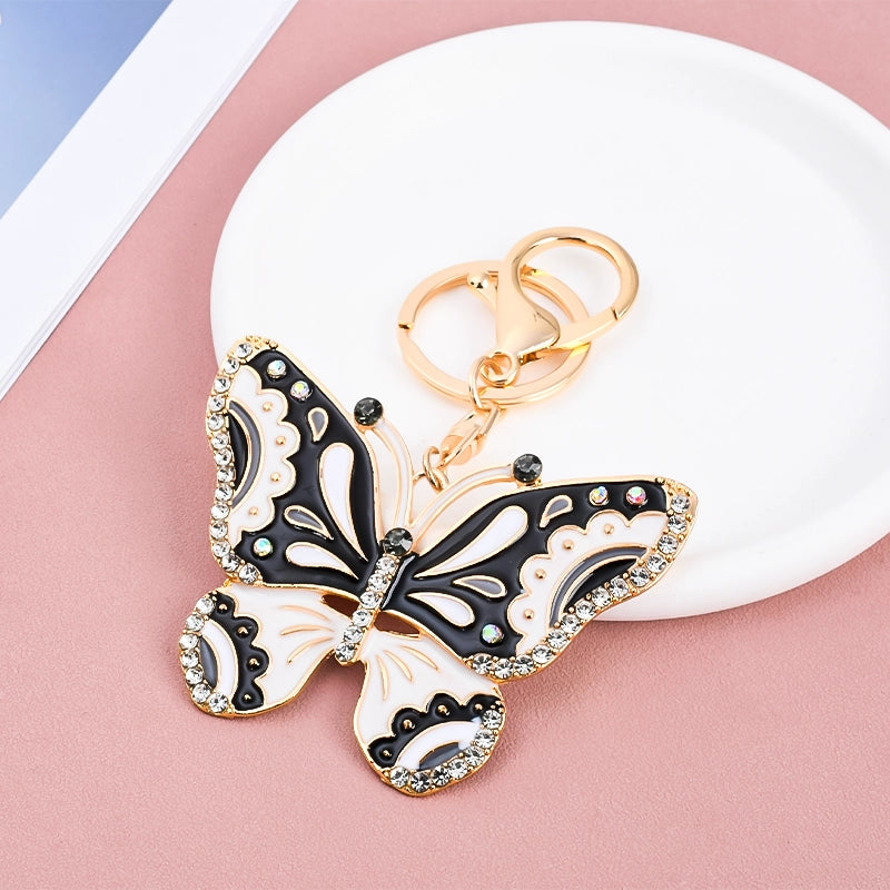Black White Rhinestone Butterfly Keychain | Gold Enamel Bag Charm Pendant