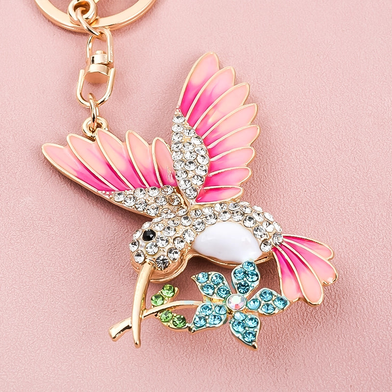Rhinestone Enamel Hummingbird Keychain | Gold Tone Double-Sided Bag Charm