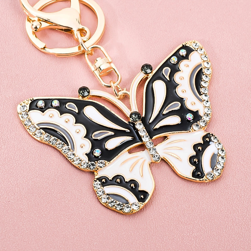 Black White Rhinestone Butterfly Keychain | Gold Enamel Bag Charm Pendant