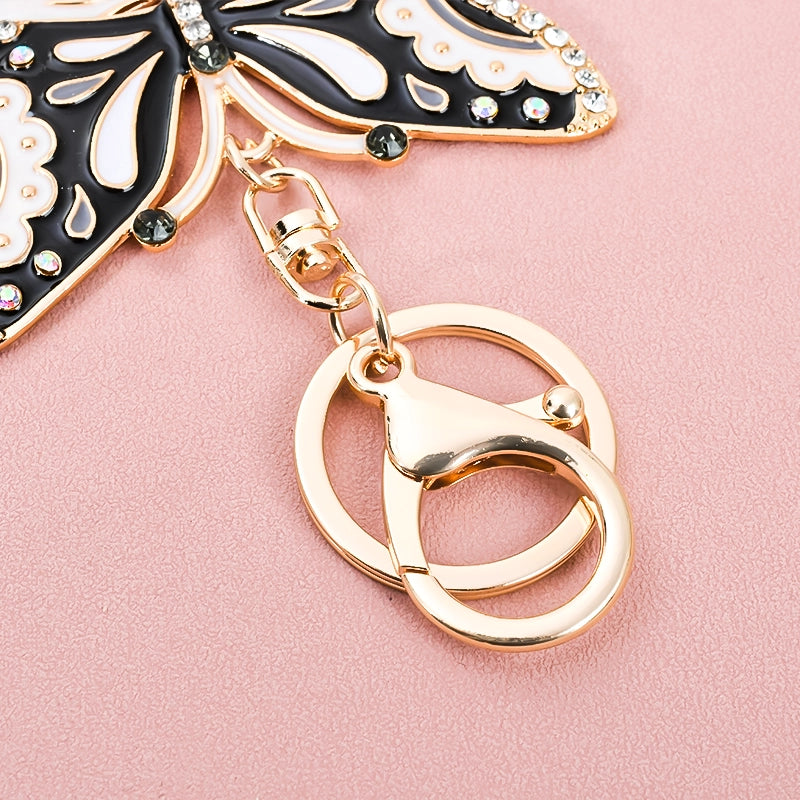 Black White Rhinestone Butterfly Keychain | Gold Enamel Bag Charm Pendant
