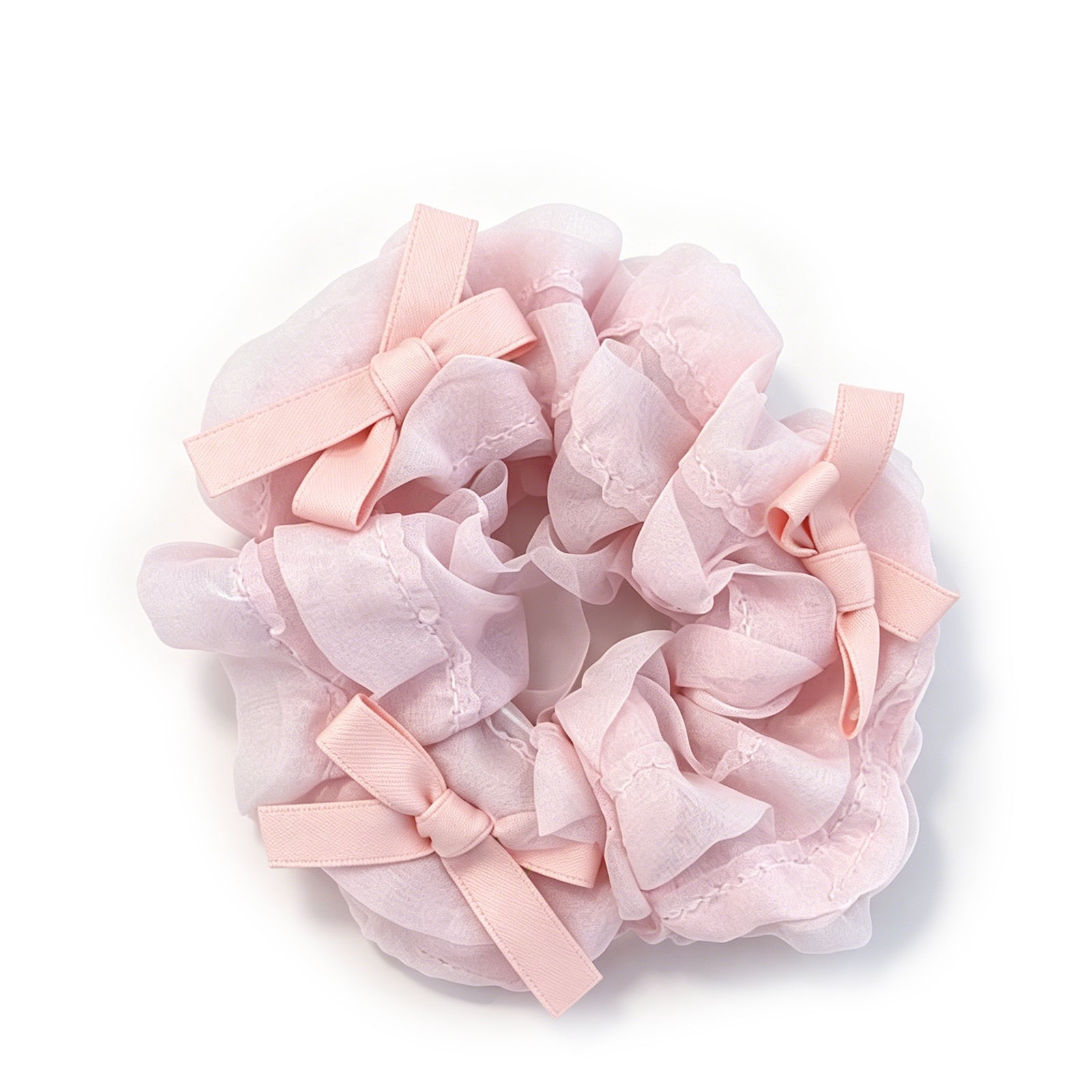 Pink Ruffled Organza Hair Scrunchie with Mini Bows - Sheer Chiffon Ponytail Holder for Women