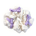 Cream Satin Ruffled Hair Scrunchie with Lavender Bows - Ivory Silk-Look Ponytail Holder for Women