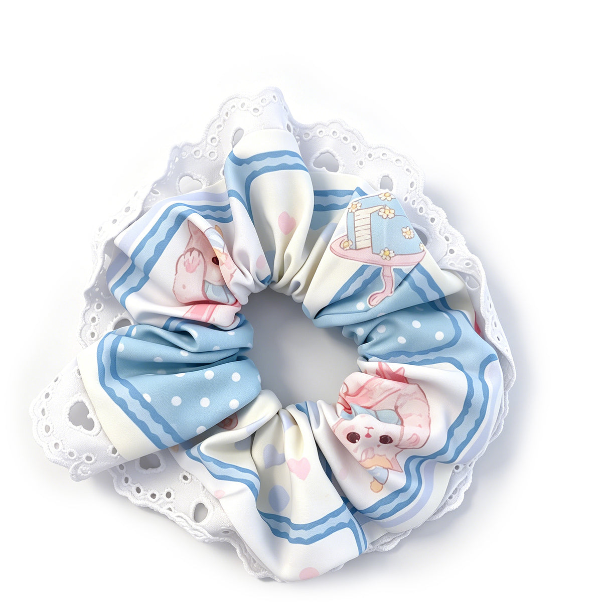 Blue Cottagecore Lace Scrunchie with Cute Bunny & Cake Print - Pastel Ruffled Hair Tie for Women